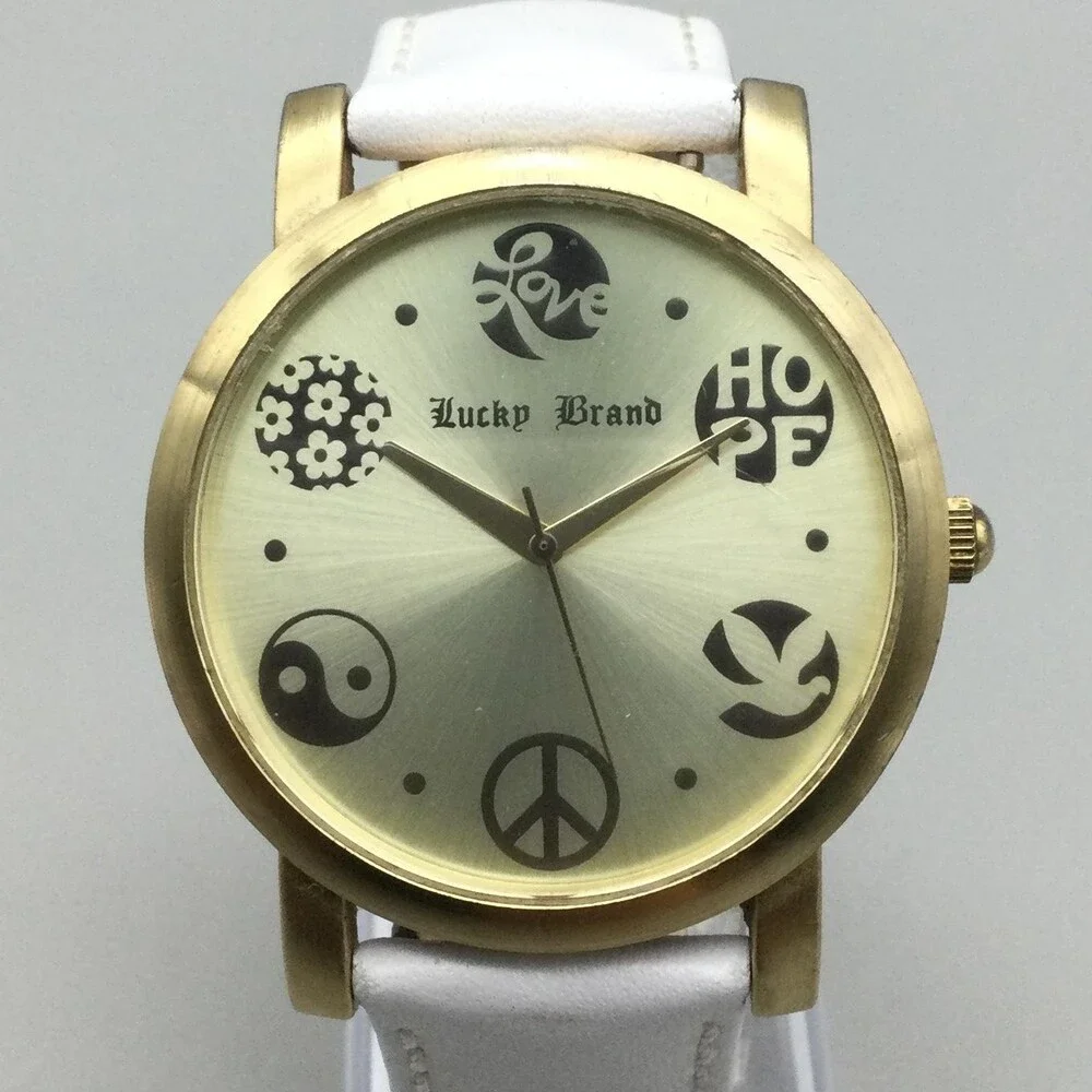 Lucky Brand Womens Watch 40mm White Leather Peace Love Hope 161235 New Battery
